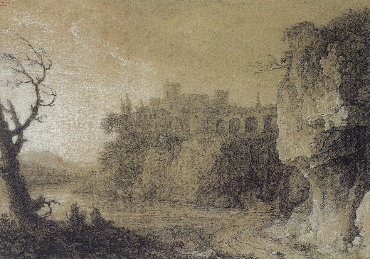 Landschap met een rivier en versterkt dorp door Simon Mathurin Lantara