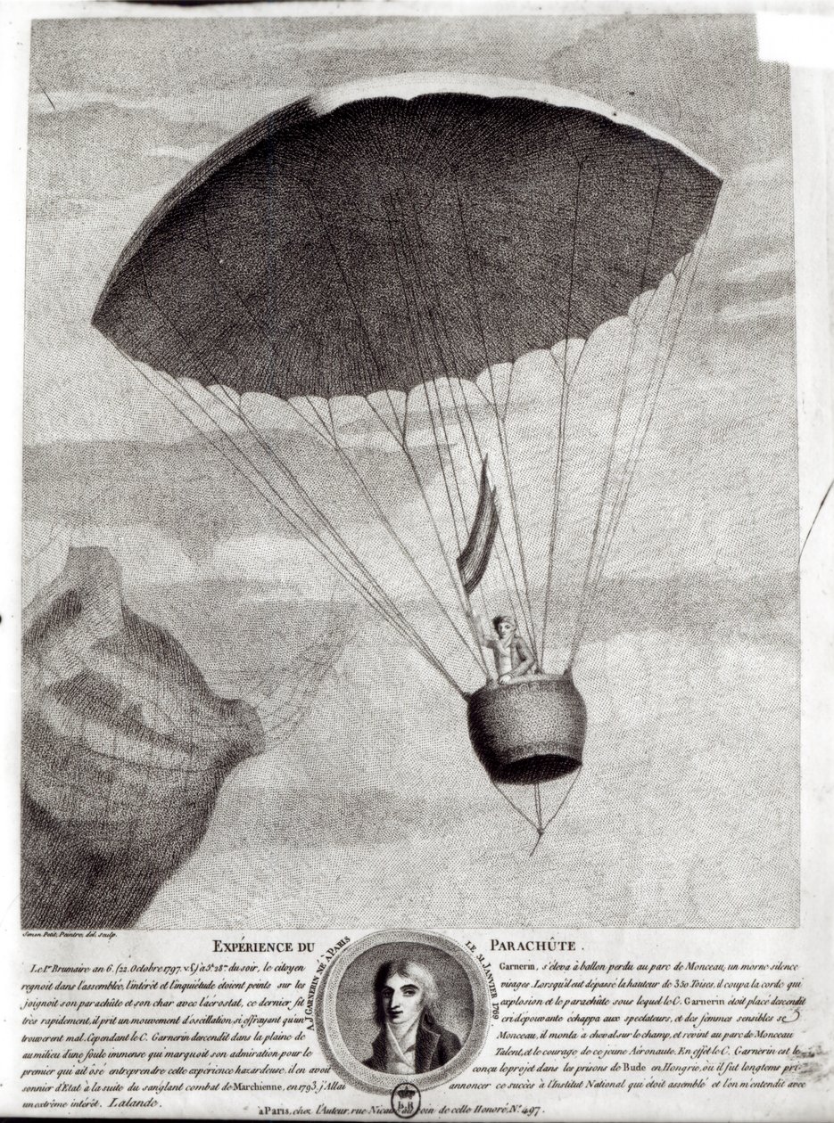 De eerste parachutesprong door Andre Jacques Garnerin (1770-1823) boven Parc Monceau, 22 oktober 1797 door Simon Petit
