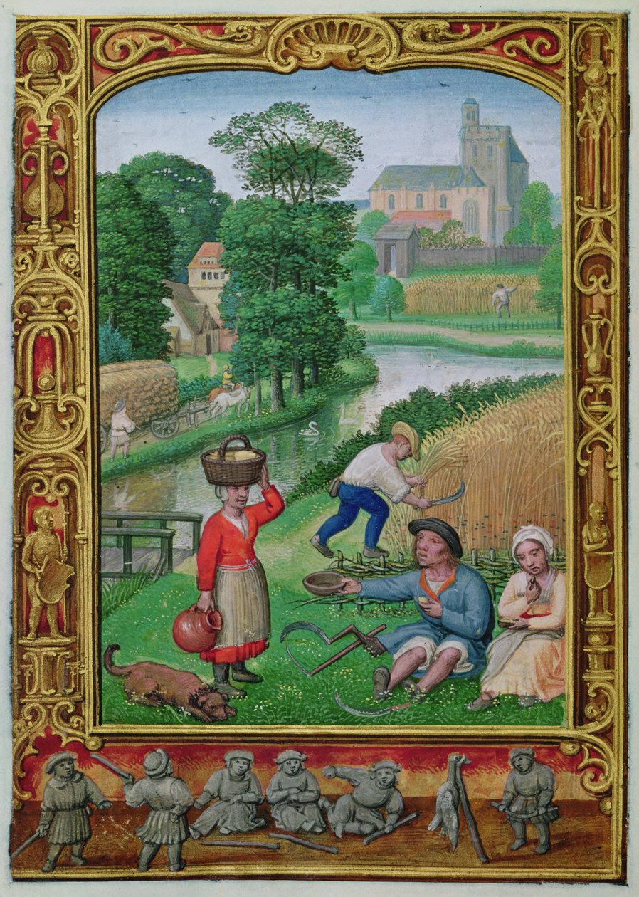 Augustus: Oogsten bij een rivier, uit een Getijdenboek, of het Golfboek, c.1520-30 (perkament) door Simon (workshop of) Bening