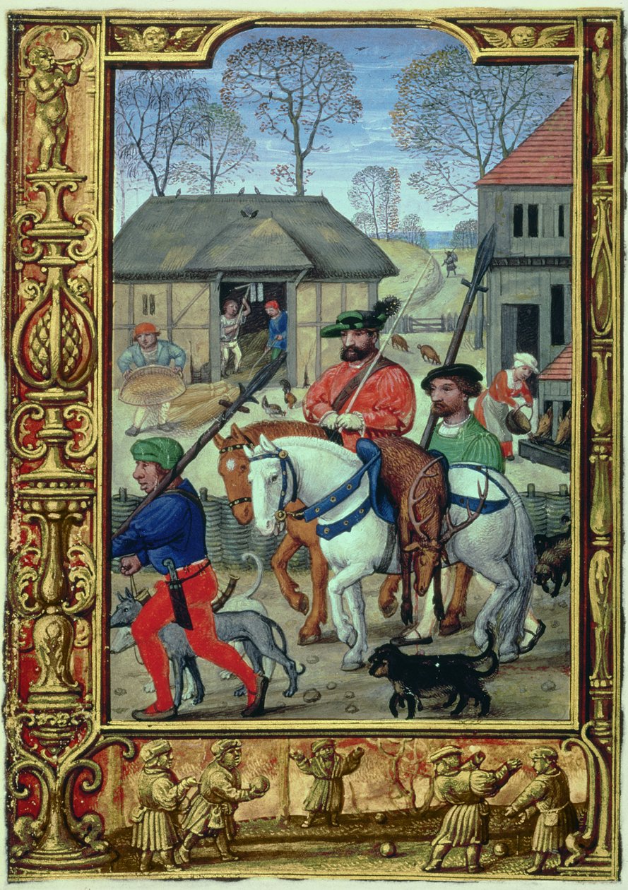 November: Terugkeer van de jacht, uit een Getijdenboek, of het Golfboek, c.1520-30 door Simon (workshop of) Bening