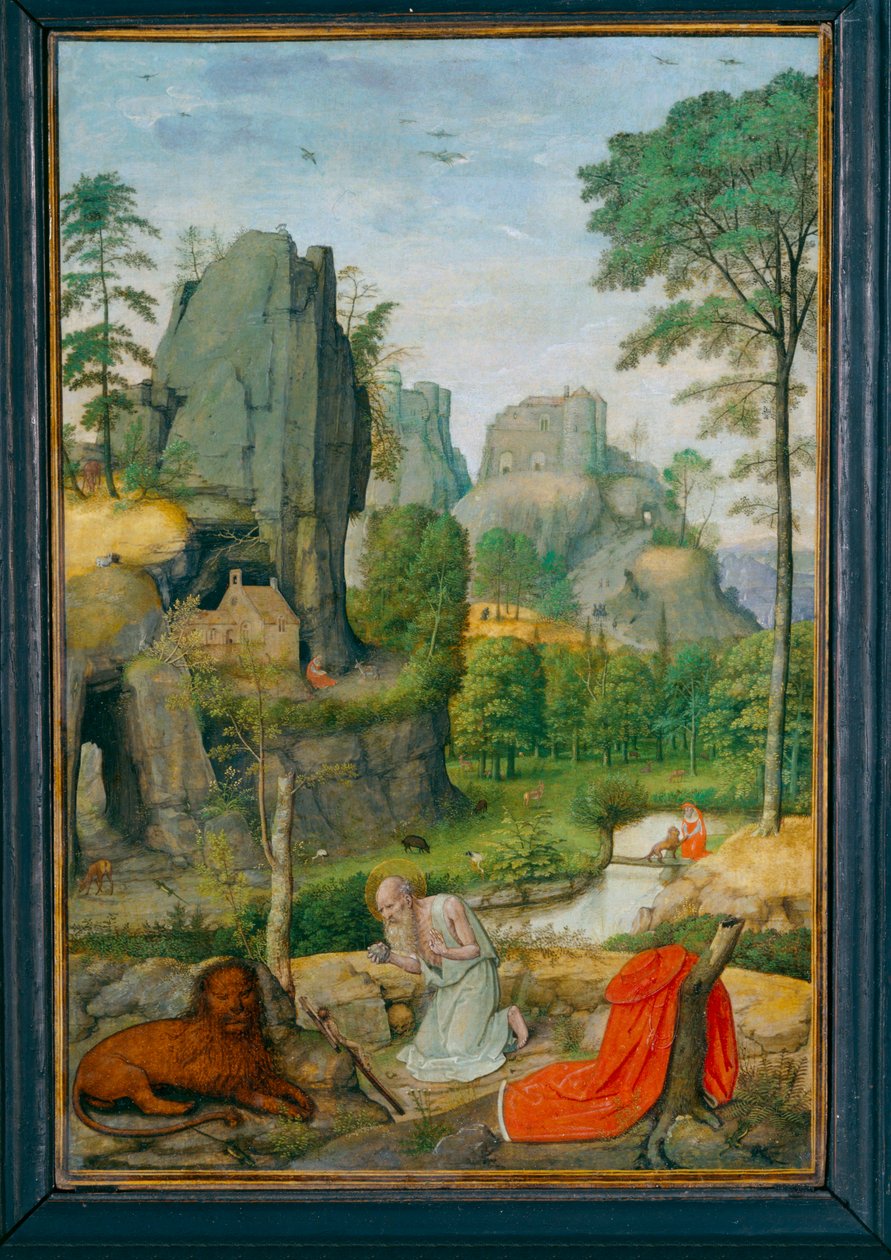 Paysage avec saint Jerôme penitent et la guerison du lion - Landschap met de heilige Jerôme penitent en de genezing van de leeuw ... door Simon Bening