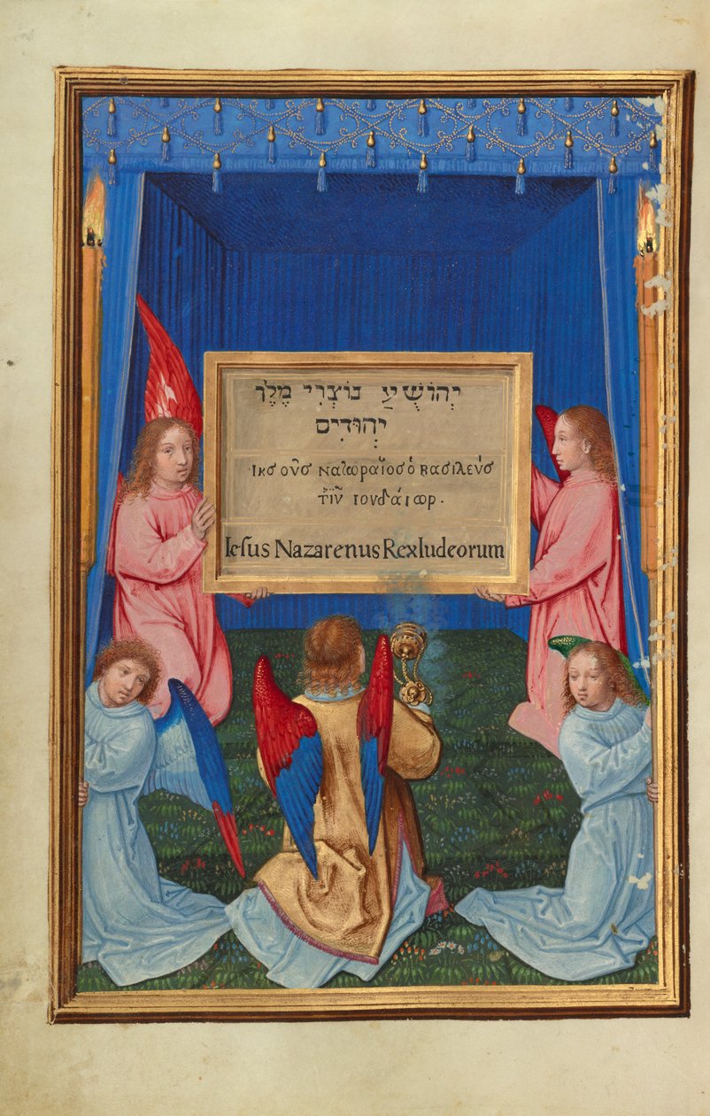 Die Anbetung der beschrifteten Tafel vom Kreuz door Simon Bening