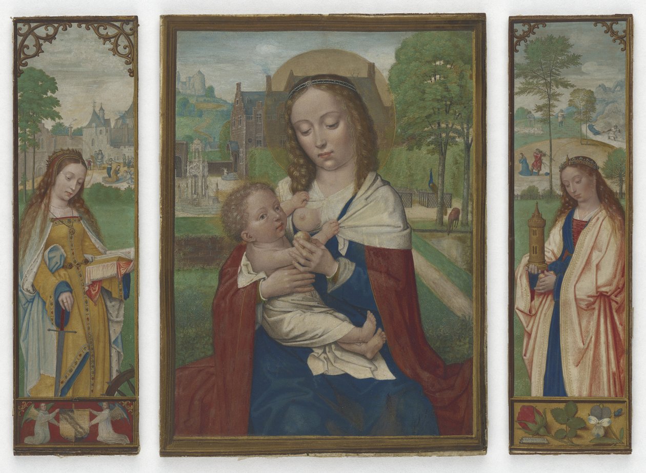 Maagd en Kind; Heiligen Catharina en Barbara door Simon Bening