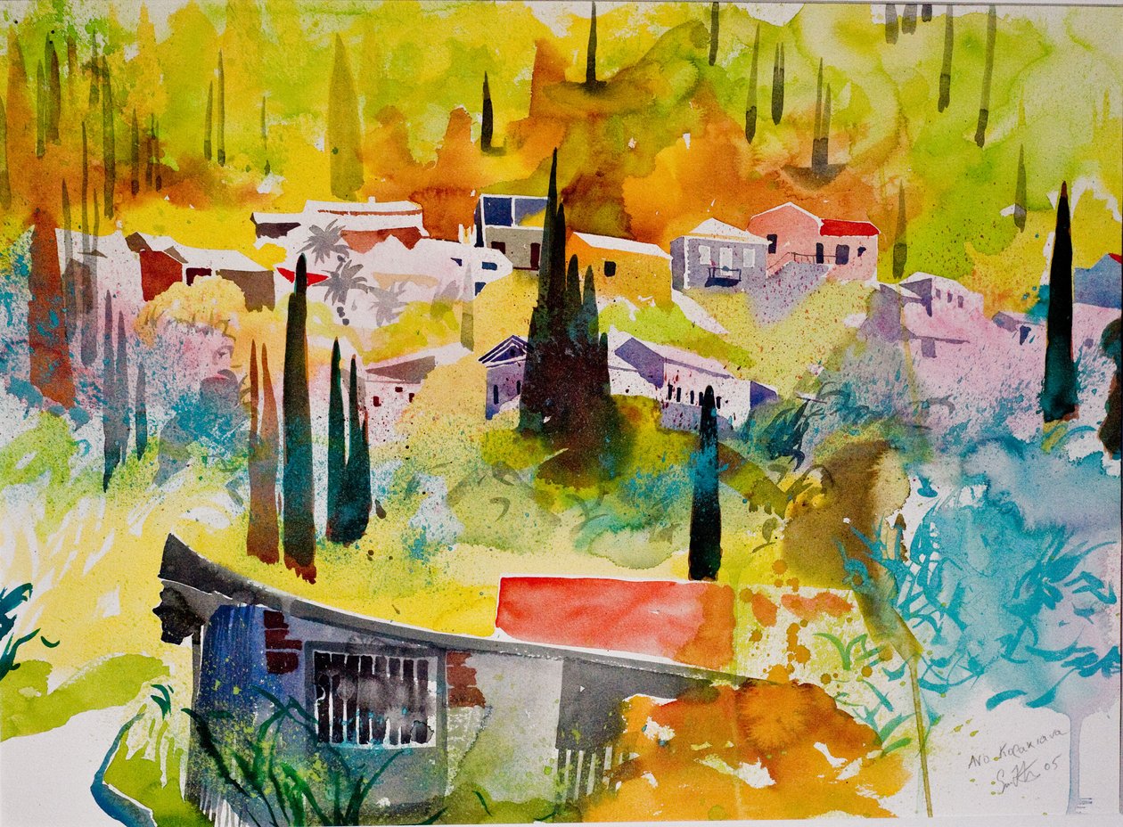 Ano Korakiana, Corfu, 2005 (aquarel op papier) door Simon Fletcher