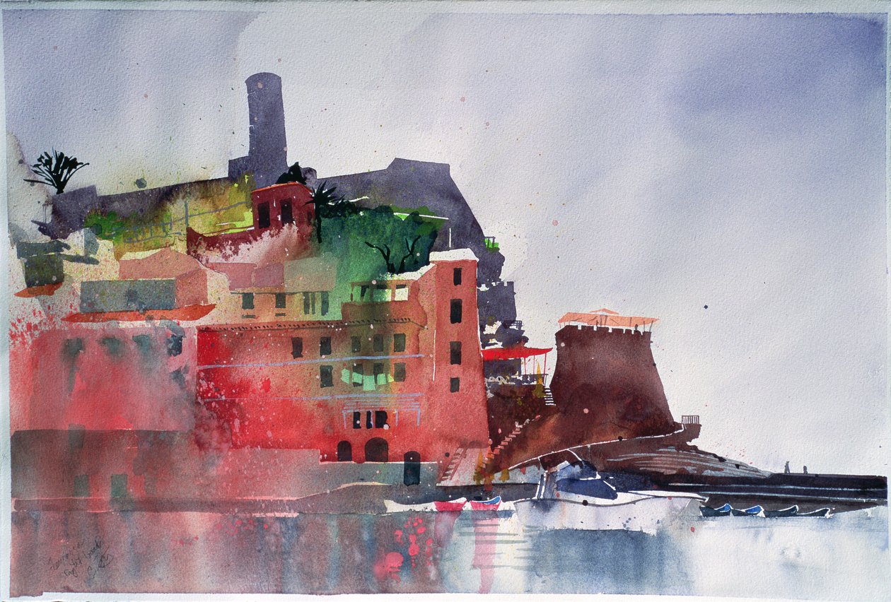 Fernazza, Acht boten, 2002 (aquarel op papier) door Simon Fletcher