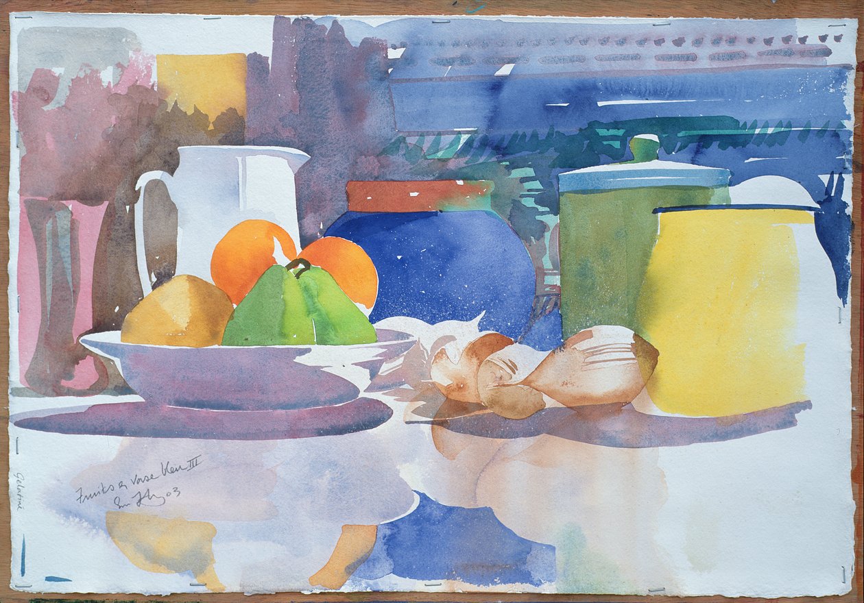Fruit et Vase Bleu II, 2003 (aquarel op papier) door Simon Fletcher