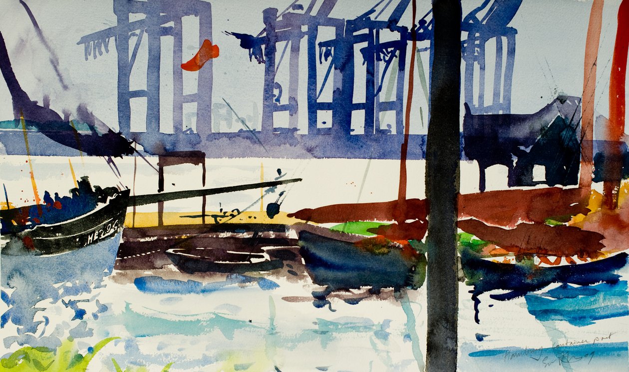 Hamburg, containerhaven, 2009 (aquarel) door Simon Fletcher
