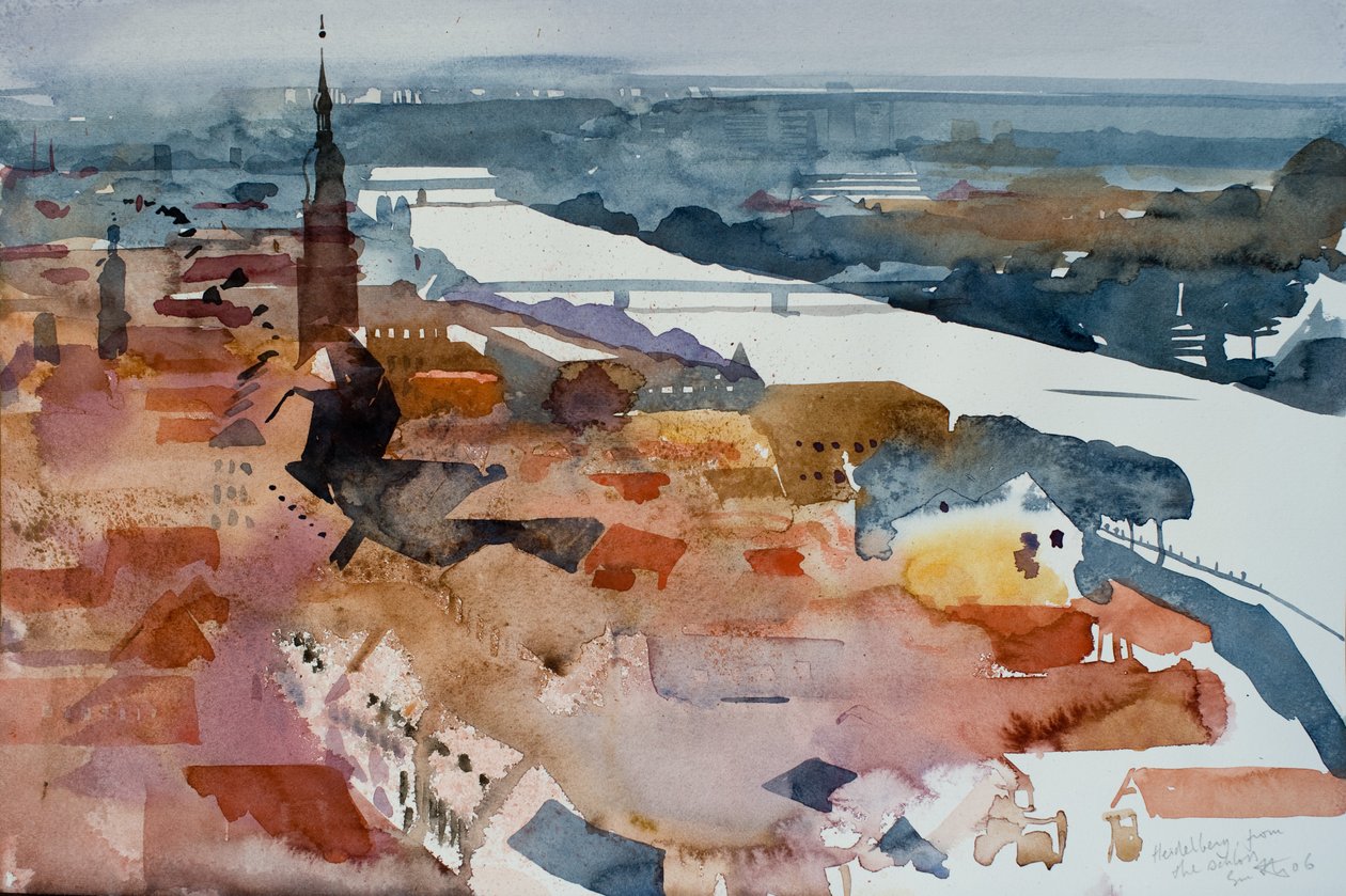 Heidelberg vanaf het Schloss, 2006 (aquarel) door Simon Fletcher