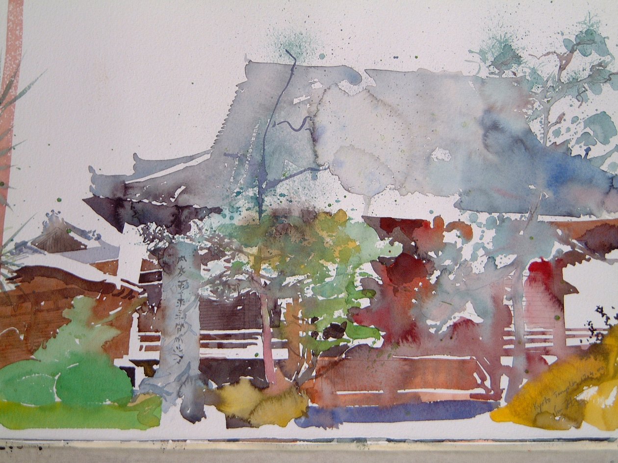 Kyoto Tempel (aquarel op papier) door Simon Fletcher