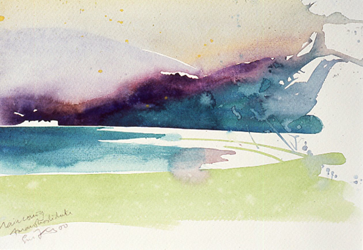 Regen op komst Amanohashidate, 2000 (aquarel) door Simon Fletcher