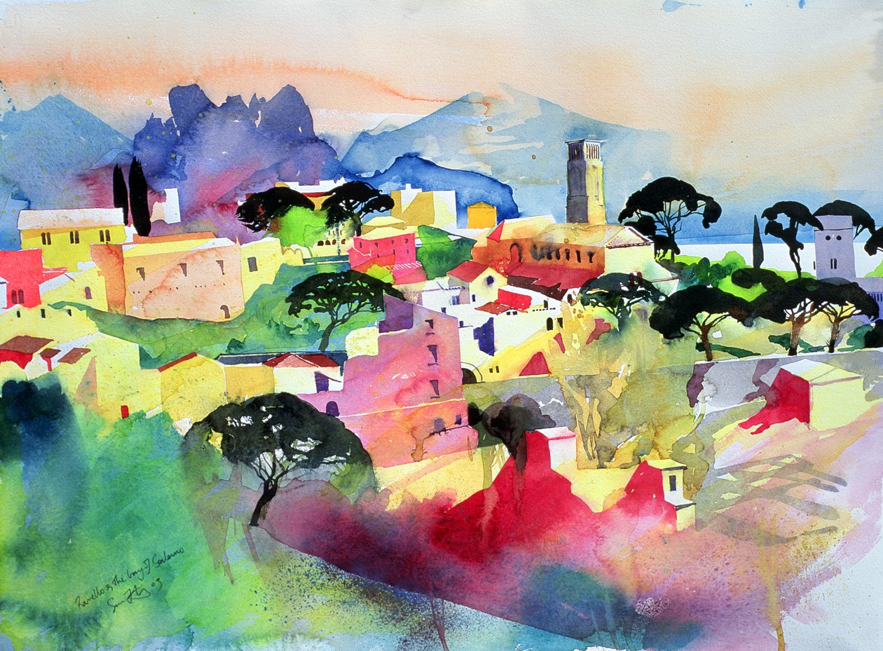Ravello en de baai van Salerno, 2003 (aquarel op papier) door Simon Fletcher