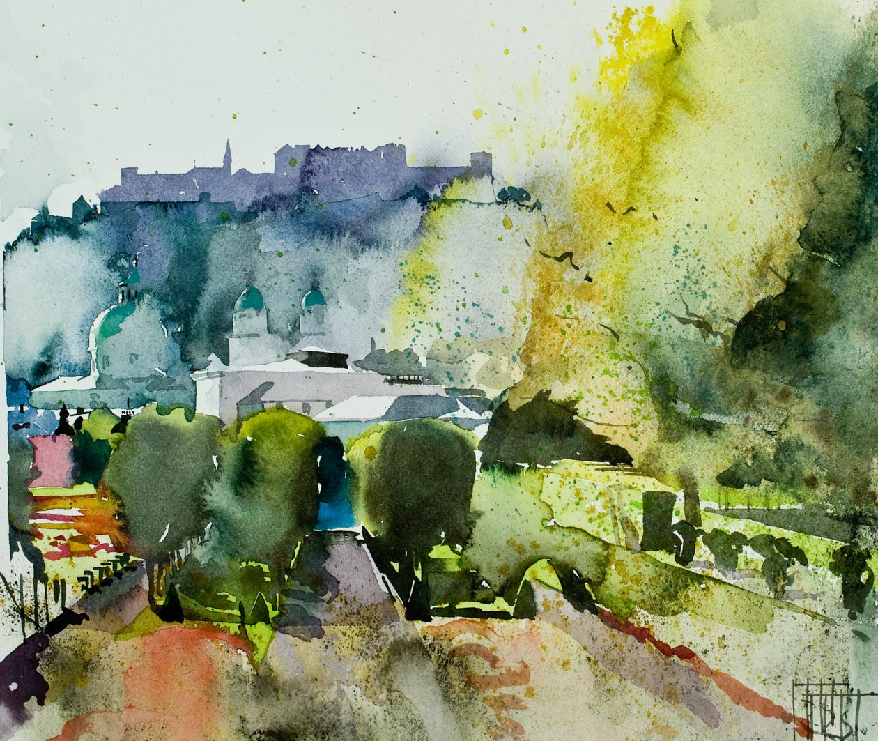 Salzburg vanaf de Mirabell tuinen, 2008 (aquarel) door Simon Fletcher