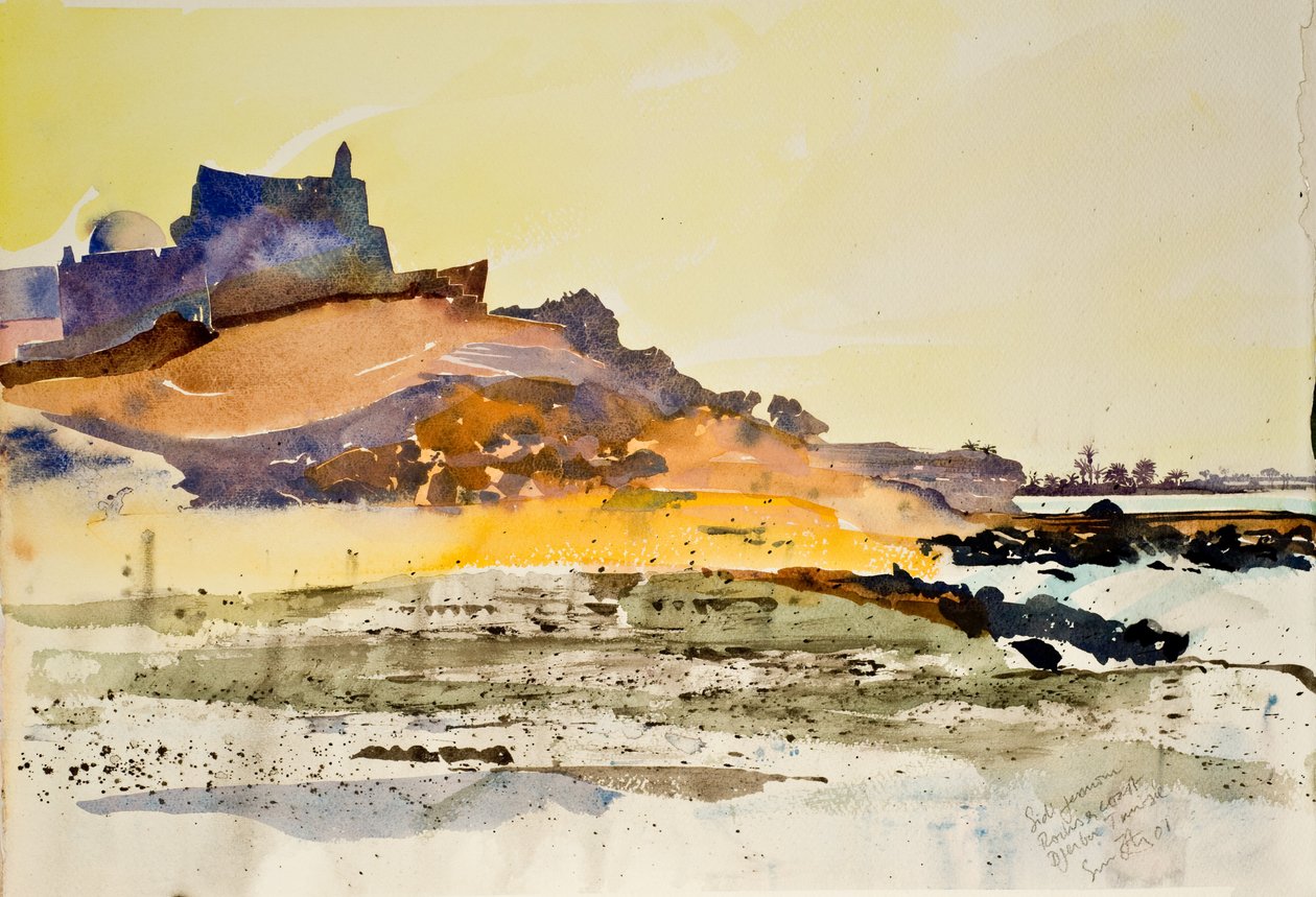 Sidi Jemour, rotsen en kust,Djerba Tunesië, 2000 (aquarel) door Simon Fletcher
