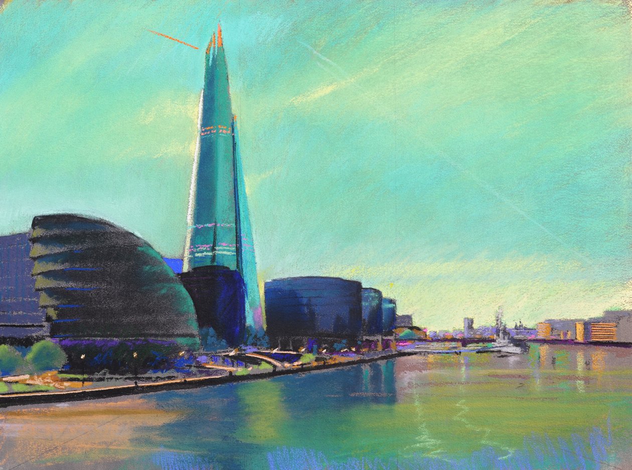 De Shard vanaf de Tower Bridge, 2015 (pastel) door Simon Fletcher