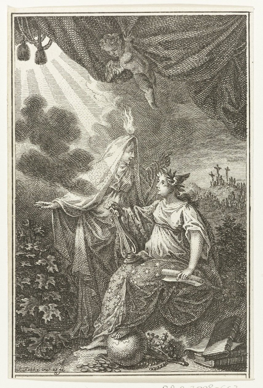 Allegorische figuren nabij de heuvel Golgota door Simon Fokke