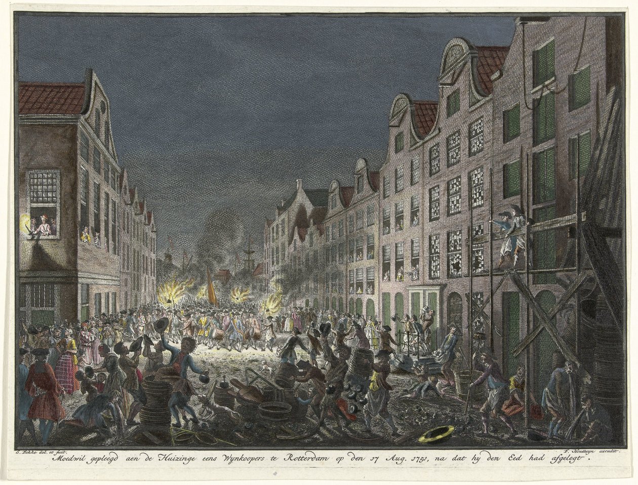 Plundering van het huis van een wijnkoper Gerrit Hagedooren te Rotterdam, 1751 door Simon Fokke