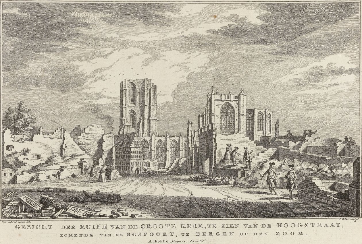 Ruïne van de Grote Kerk van Bergen op Zoom, 1748 door Simon Fokke