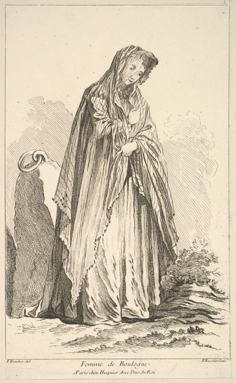 Vrouw uit Boulogne, uit Recueil de diverses figuren étrangères uitgevonden door F. Bo..., 18e eeuw door Simon Francois Ravenet