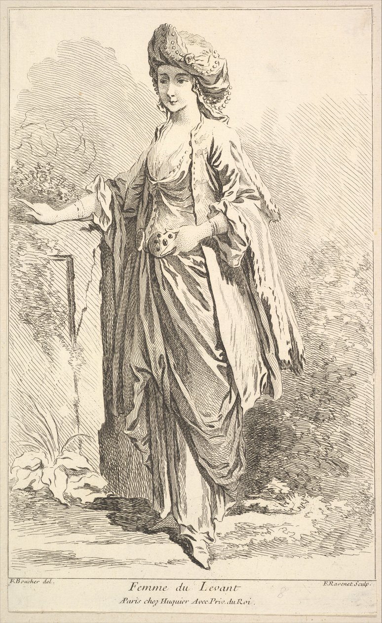 Vrouw uit het Oosten, uit Recueil de diverses figures étrangères Inventées par F. Bouc..., 18e eeuw door Simon Francois Ravenet