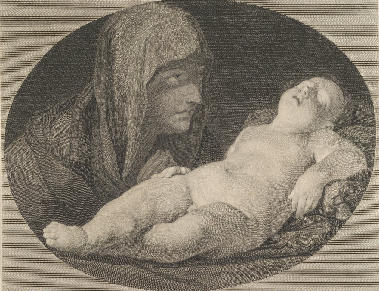 De Maagd in Gebed, kijkend naar het slapende kind Christus, in een ovaal frame, naar Reni,..., 1765 door Simon Francois Ravenet