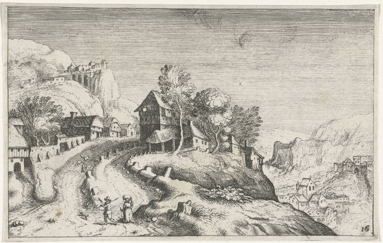 Dorp in een berglandschap door Simon Frisius (attributed to)