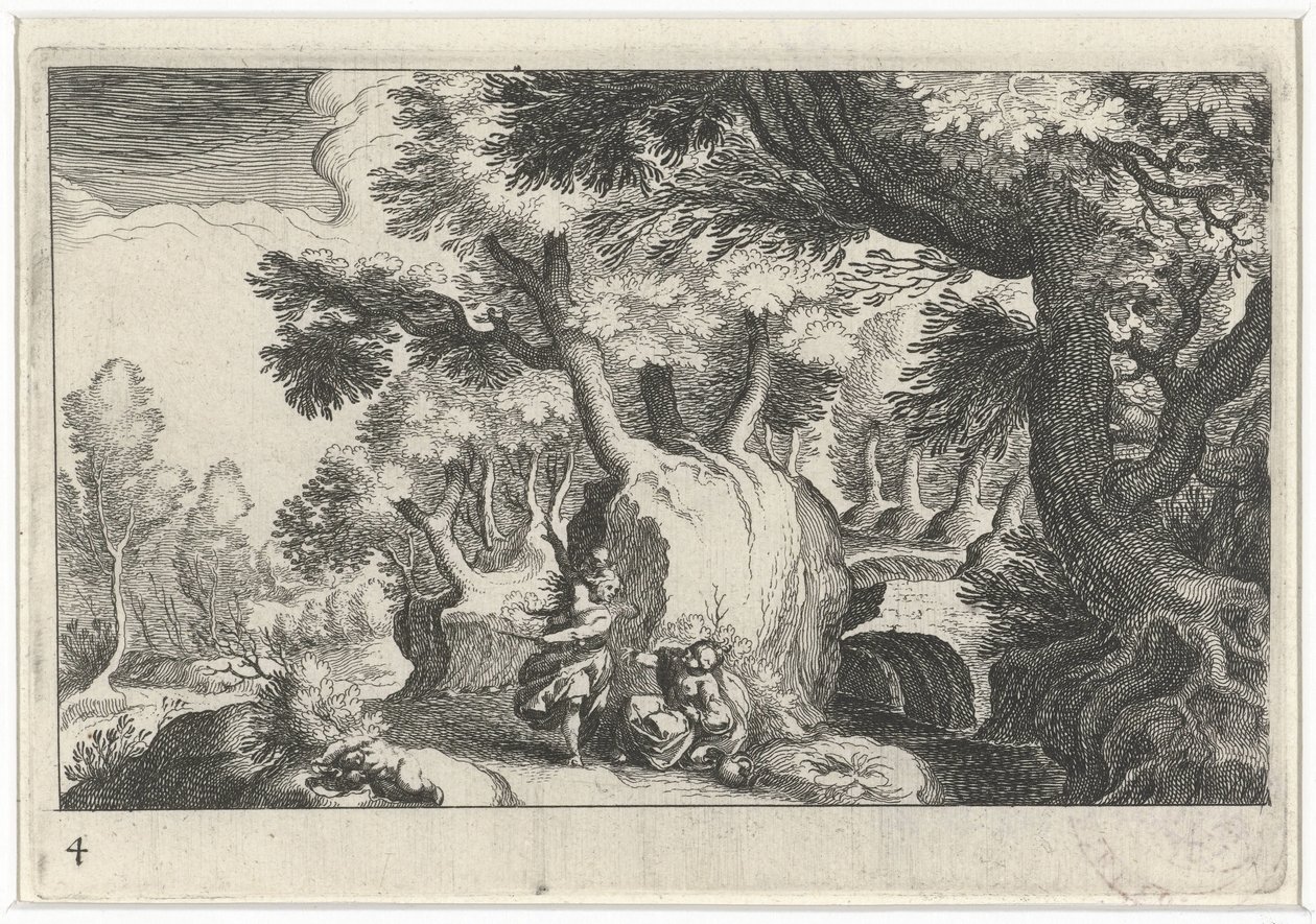 Boslandschap met Hagar en Ismaël door Simon Frisius
