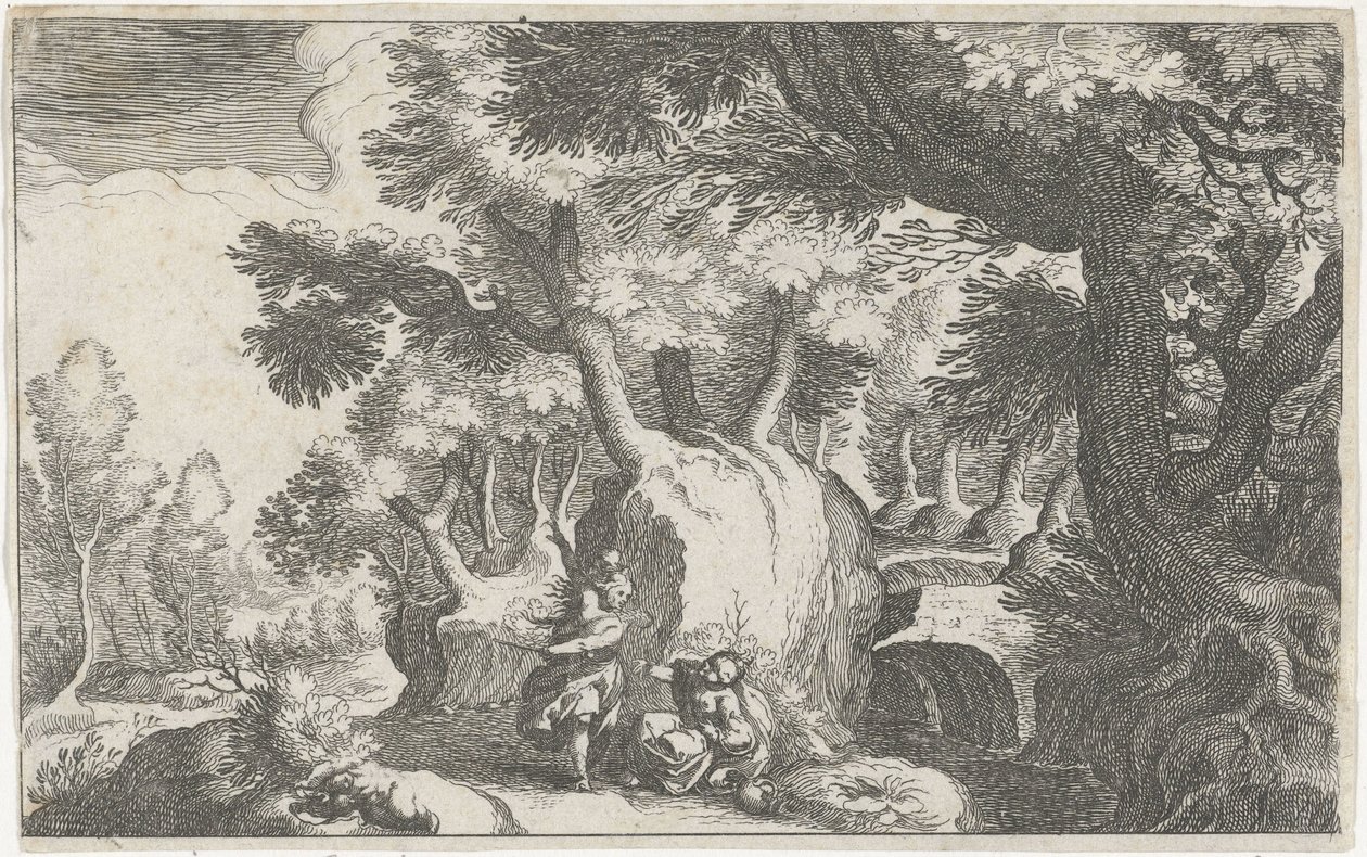 Boslandschap met Hagar en Ismaël door Simon Frisius