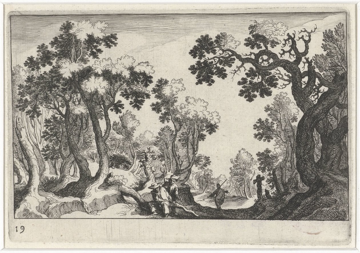 Boslandschap met boeren door Simon Frisius