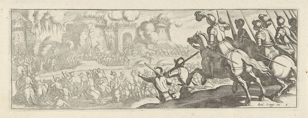Cavaleristen bestormen een stadsmuur (Cavalerie, series title) Faecvnda qvam sit acris ingeni viris dilecta Phaebo et gratys Florentia, sat indicant pvgnae, enthea vi pectoris quas Mercuri sculpsit cliens tempestiv (series title) door Simon Frisius
