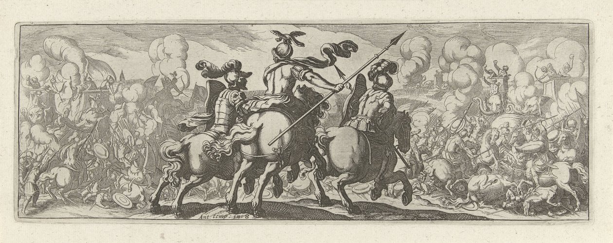 Drie cavaleristen bij een veldslag met olifanten (Cavalerie, series title) Faecvnda qvam sit acris ingeni viris dilecta Phaebo et gratys Florentia, sat indicant pvgnae, enthea vi pectoris quas Mercuri sculpsit cliens tempestiv (series title) door Simon Frisius