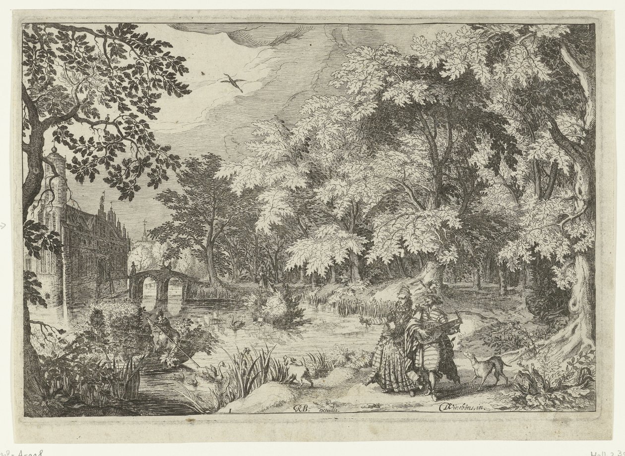 Gezicht op een bos met Kasteel Loenersloot door Simon Frisius