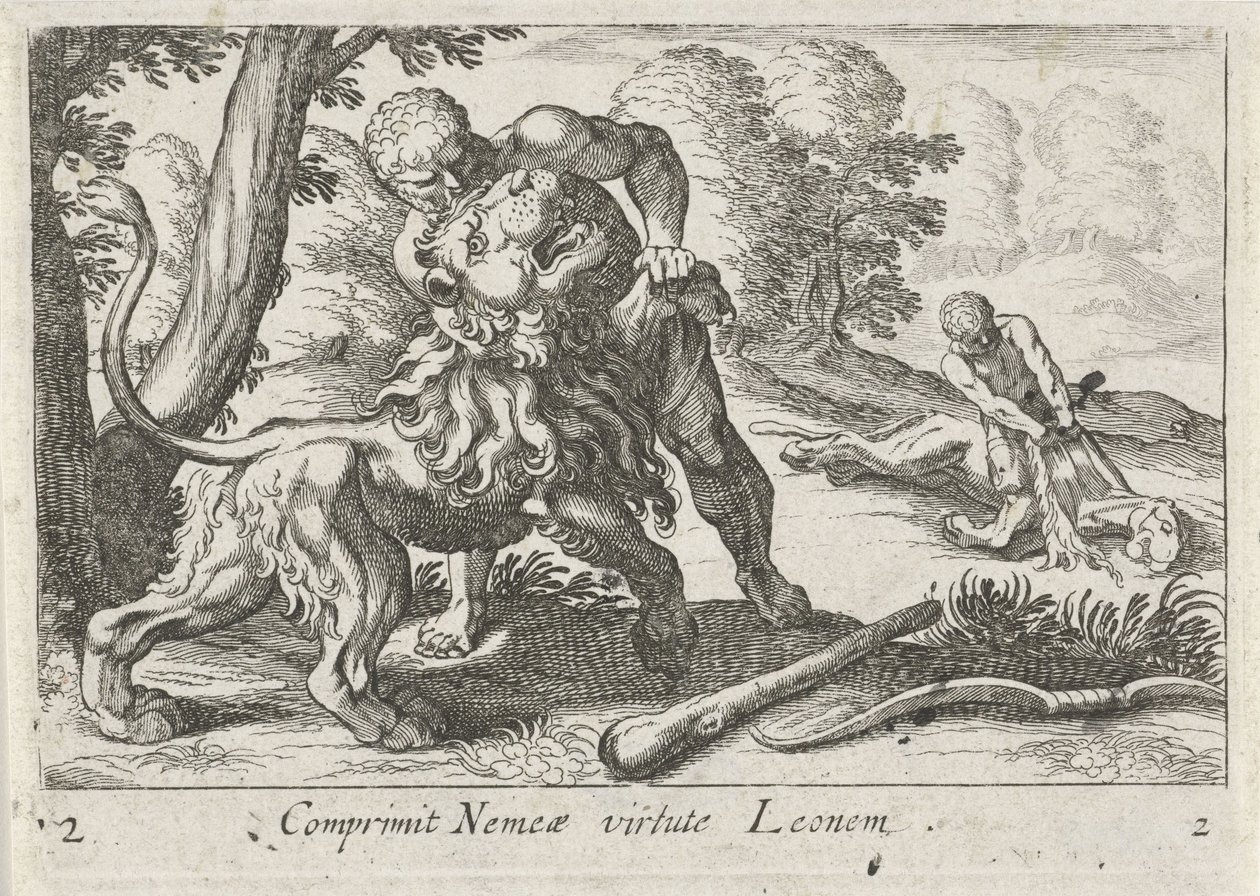 Hercules in gevecht met de Nemeïsche leeuw door Simon Frisius