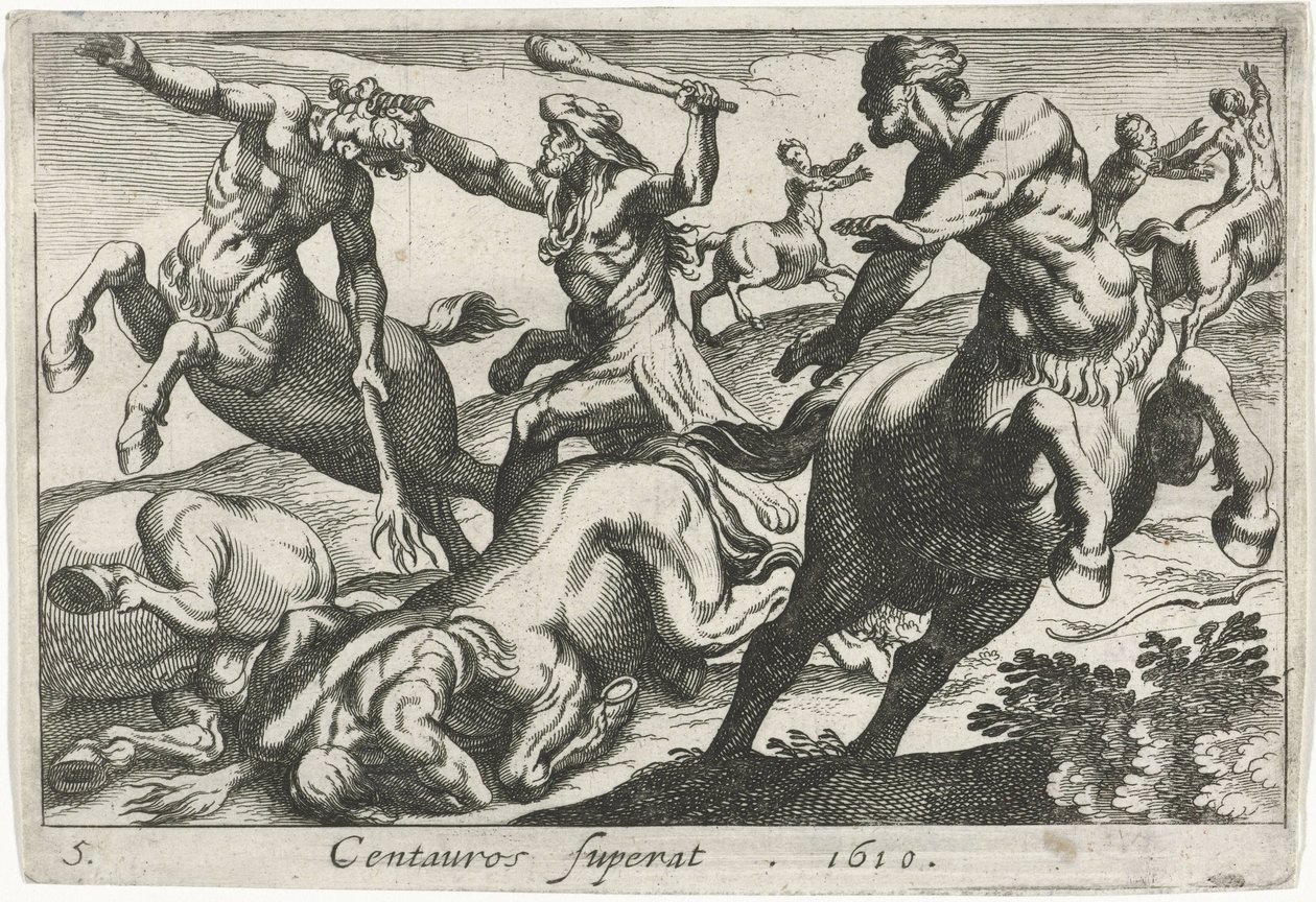 Hercules in gevecht met de centauren door Simon Frisius