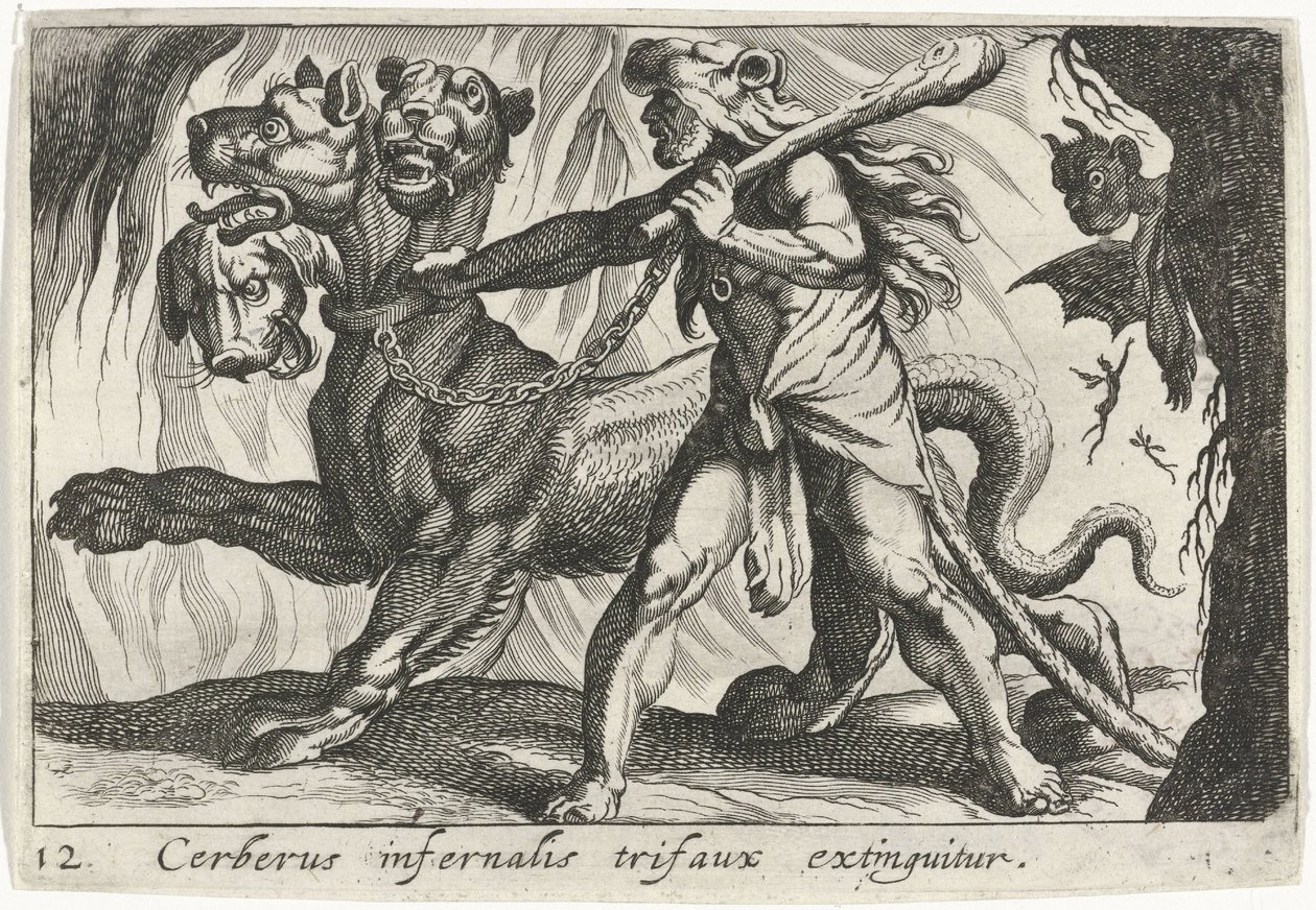 Hercules vangt Cerberus door Simon Frisius