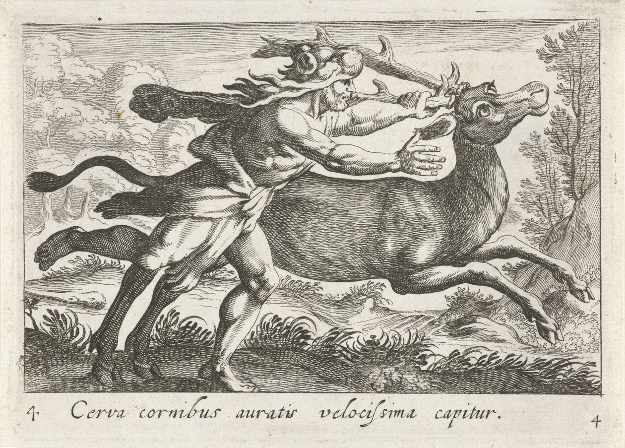 Hercules vangt de hinde van Cerynea door Simon Frisius