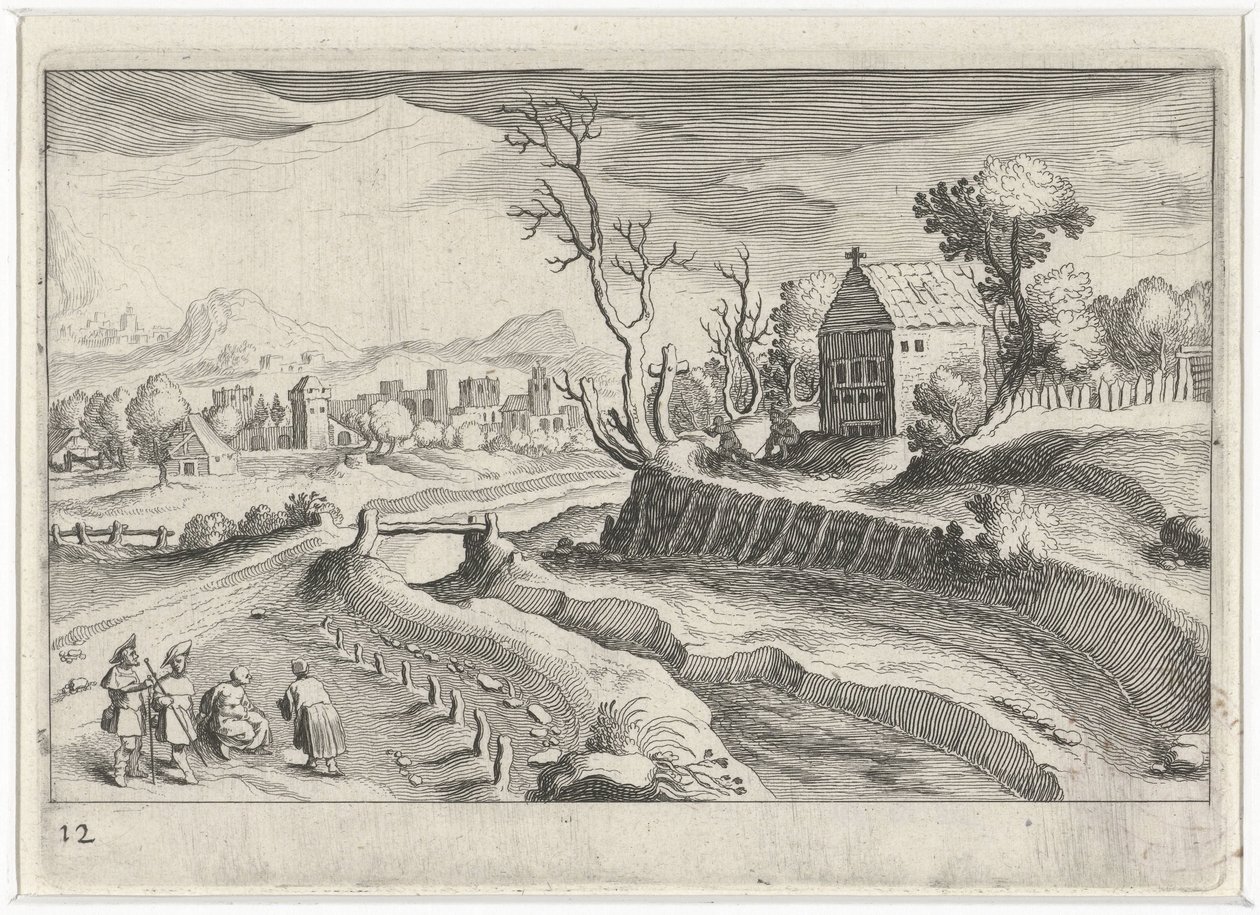 Heuvellandschap met een kapel door Simon Frisius