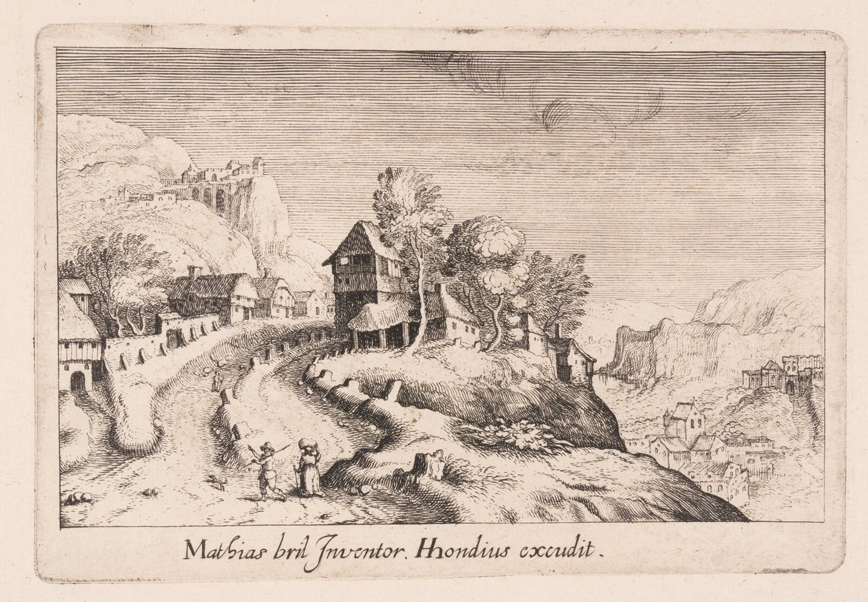 Landschap met een pad op een berg door een dorp, uit Topographia Variarum Regionum door Simon Frisius