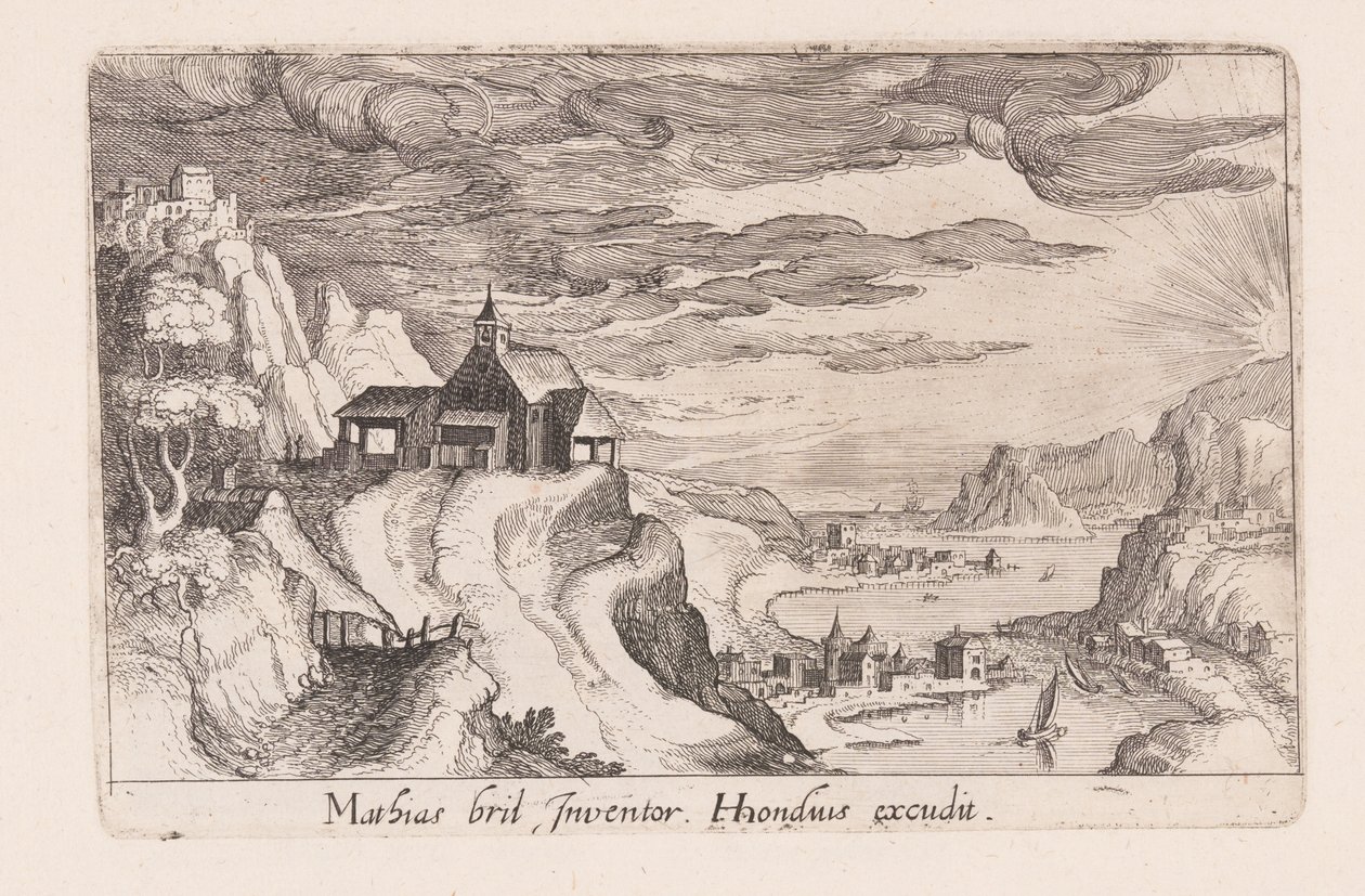 Landschap met een rivierdal en een kerk op een heuvel, uit Topographia Variarum Regionum door Simon Frisius