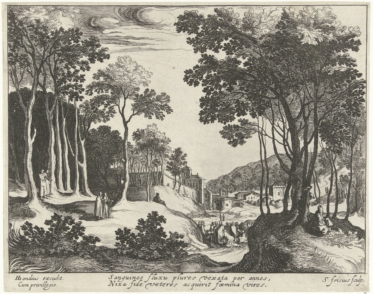 Landschap met Christus en de genezing van de bloedvloeiende vrouw door Simon Frisius