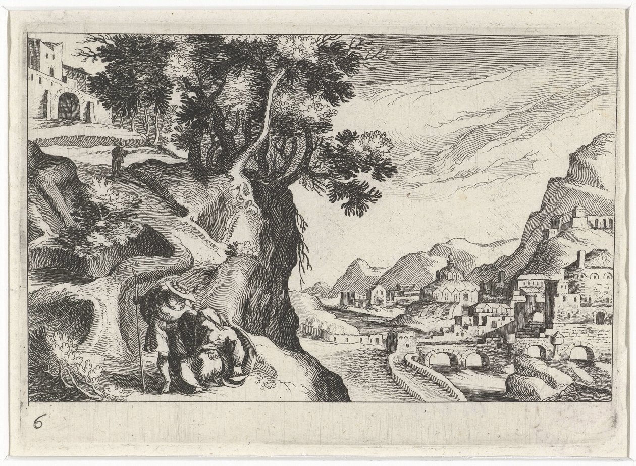 Landschap met Juda en Tamar (Zuid-Europese landschappen, Topographia variarum regionum) door Simon Frisius