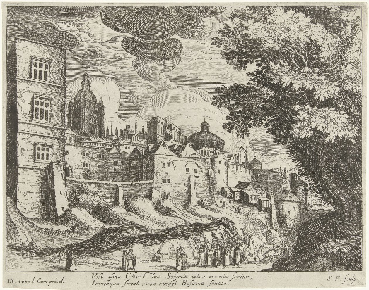 Landschap met de intocht van Christus in Jeruzalem door Simon Frisius