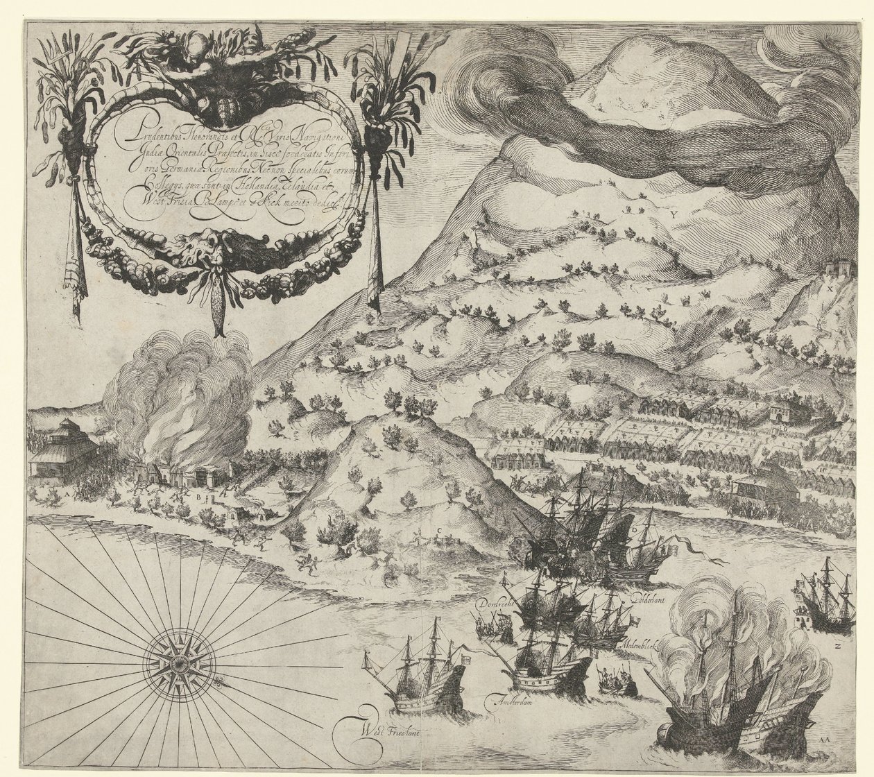 Overwinning van de Hollanders op de Portugezen op Tidore (linkerplaat), 1605 door Simon Frisius