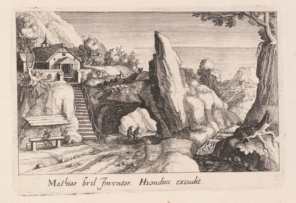 Paar figuren lopend onder een rotsbrug, uit Topographia Variarum Regionum door Simon Frisius