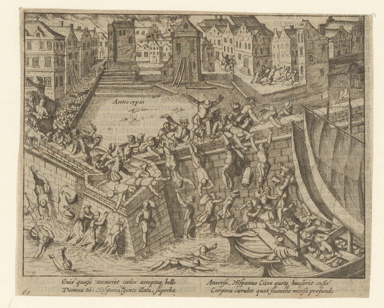 Spaanse Furie: inwoners vluchten in de Schelde, 1576 door Simon Frisius