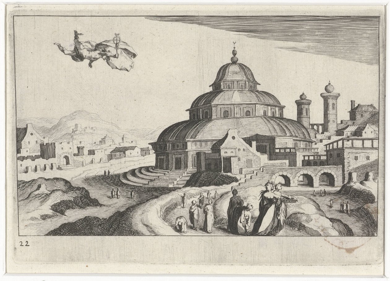 Stadsgezicht met Mercurius door Simon Frisius