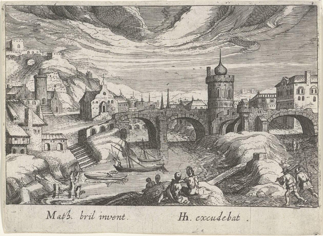 Stadsgezicht met een rivier door Simon Frisius