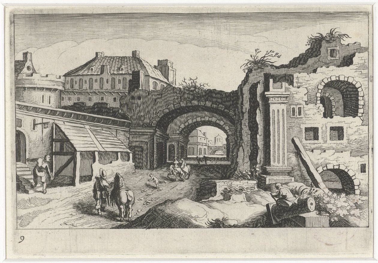 Stadsgezicht met een ruïne door Simon Frisius