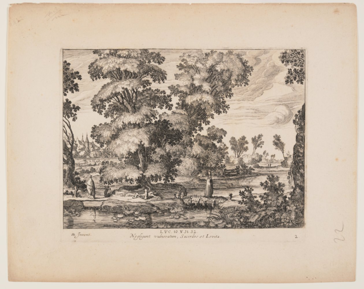 De priester die de man passeert, uit Landschappen met het verhaal van de barmhartige Samaritaan door Simon Frisius