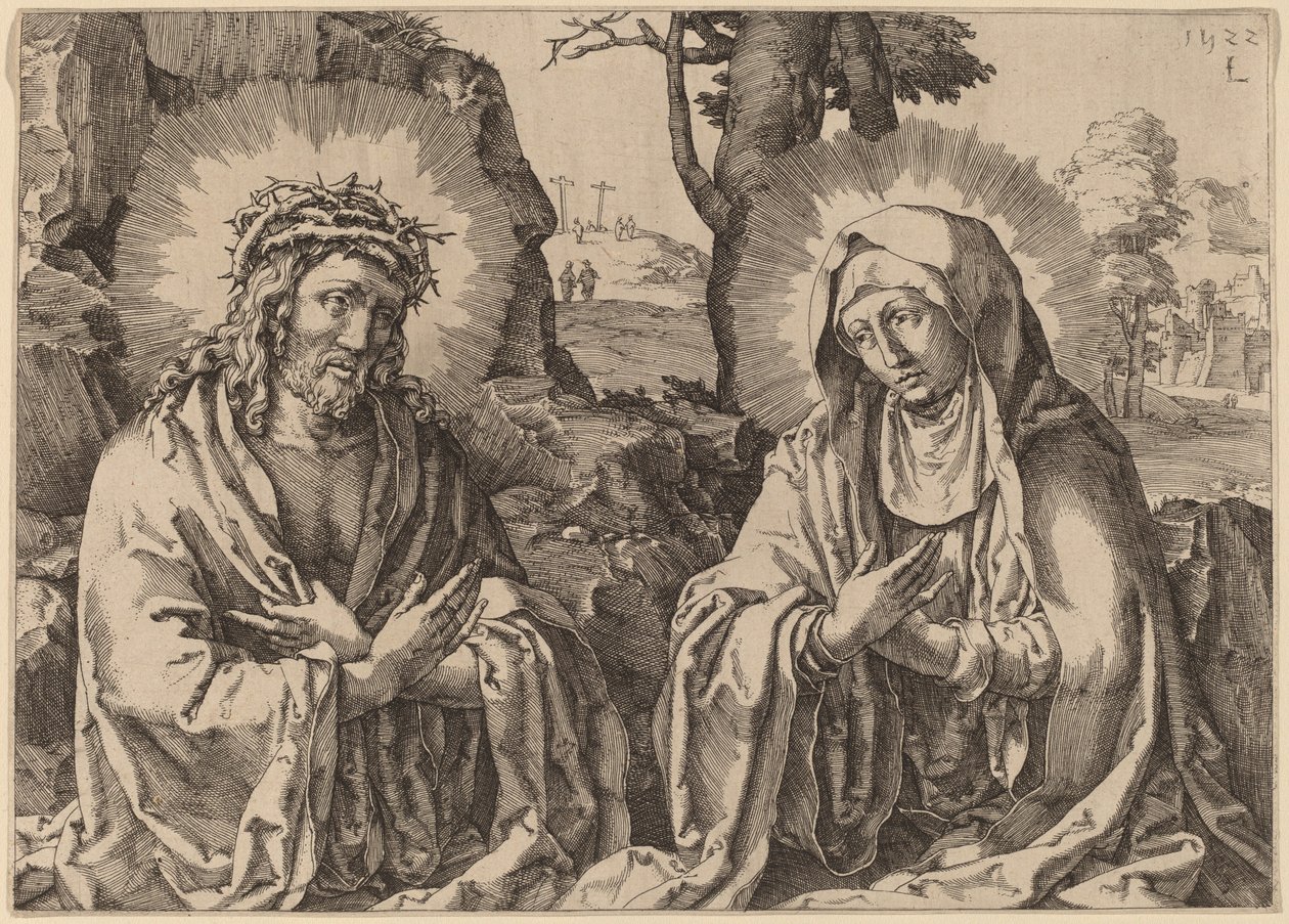 De Verlosser en de Maagd door Simon Frisius after Lucas van Leyden