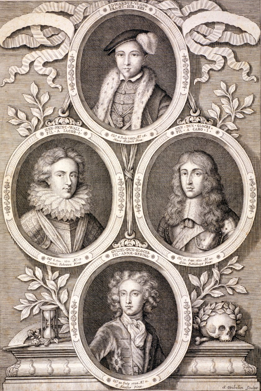 Edward VI, Hendrik en Willem, Hertogen van Gloucester, en Hendrik, Prins van Wales, ca. 1700 door Simon Gribelin